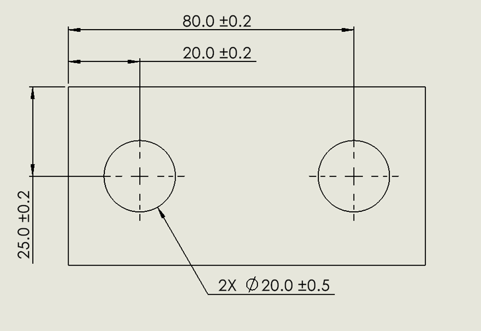 Two-hole plate with centre marks, X locations 20.0 and 80.0 plus or minus 0.2, Y location 25.0 plus or minus 0.2, and two diameter 20.0 plus or minus 0.5 holes